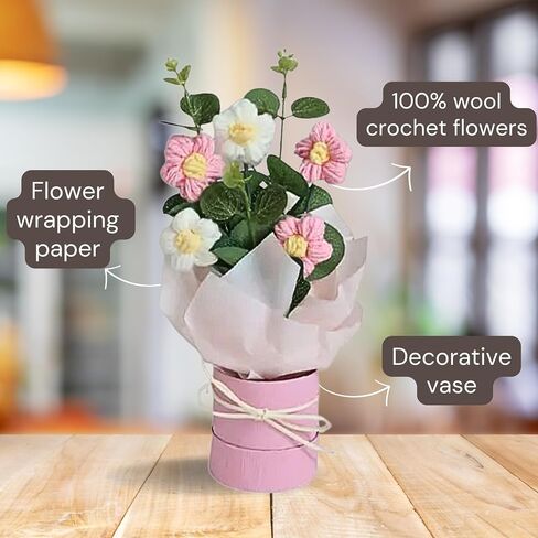 Crochet Flowers Bouquet with Card, Handmade Knitted Bouquet, Crochet Bouquet Kit Knitted for Mother's Day Birthday Wedding Home Decor, Teacher's Day, Grandma Bday Gift, Medium in Saudi Arabia