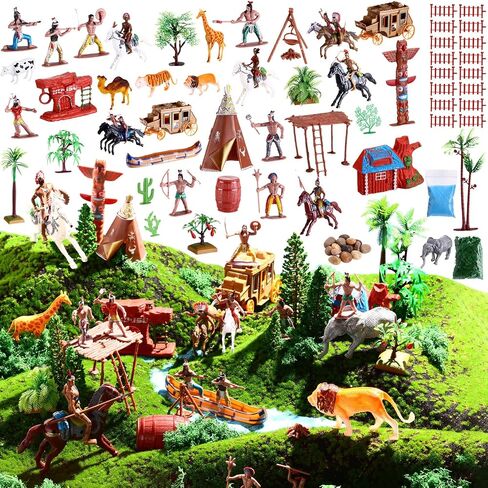 81 Pcs Native American Indians Figures Toys Set, Plastic Indian Figures Play Historical Toys, Mixed Model Trees, Stone Moss for Kids Educational School Project Decoration Birthday Gift in Saudi Arabia