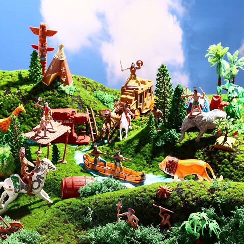 81 Pcs Native American Indians Figures Toys Set, Plastic Indian Figures Play Historical Toys, Mixed Model Trees, Stone Moss for Kids Educational School Project Decoration Birthday Gift in Saudi Arabia