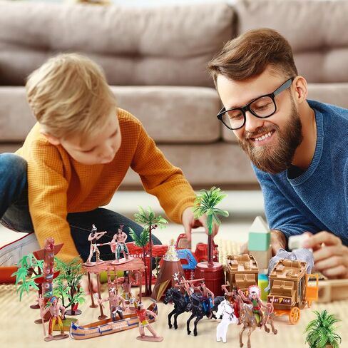 81 Pcs Native American Indians Figures Toys Set, Plastic Indian Figures Play Historical Toys, Mixed Model Trees, Stone Moss for Kids Educational School Project Decoration Birthday Gift in Saudi Arabia