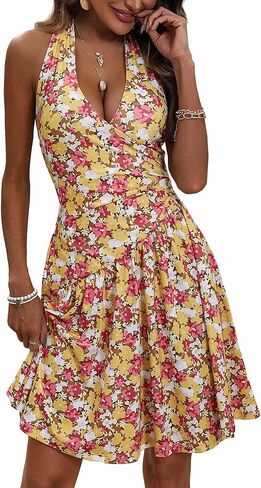 فستان نسائي صيفي من FENSACE مثير ملفوف على شكل حرف V بدون أكمام مزين بالورود in Kuwait