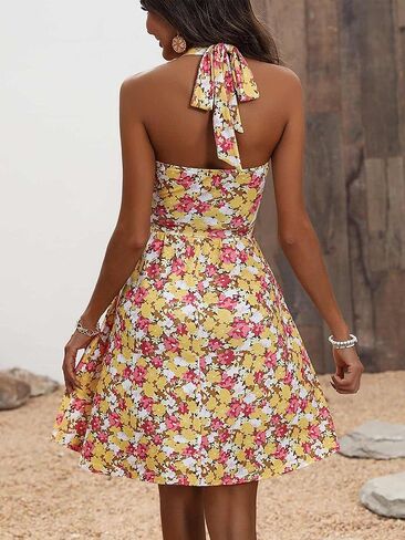 فستان نسائي صيفي من FENSACE مثير ملفوف على شكل حرف V بدون أكمام مزين بالورود in Kuwait