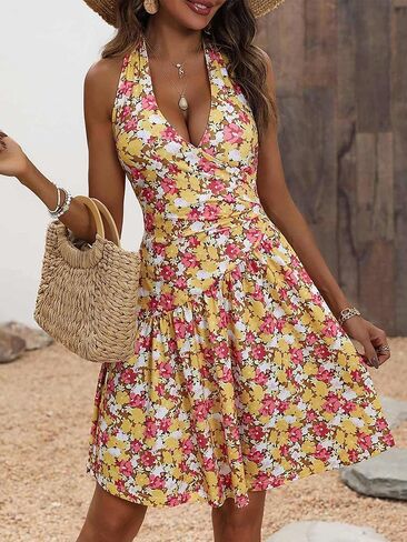 فستان نسائي صيفي من FENSACE مثير ملفوف على شكل حرف V بدون أكمام مزين بالورود in Kuwait