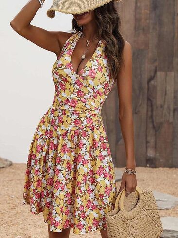 فستان نسائي صيفي من FENSACE مثير ملفوف على شكل حرف V بدون أكمام مزين بالورود in Kuwait