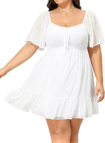 Plus Size Women's Sweetheart Neckline Dress Smocked Short Summer Sundress Chiffon Mini Cute Graduation Dresses in Kuwait