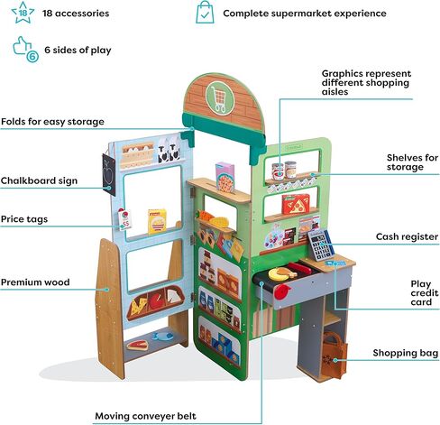 لعبة متجر البقالة الخشبية Let’s Pretend™ من KidKraft، العب وخبئها بعيدًا مع 18 ملحقًا، هدية للأعمار من 3 سنوات فما فوق in Kuwait