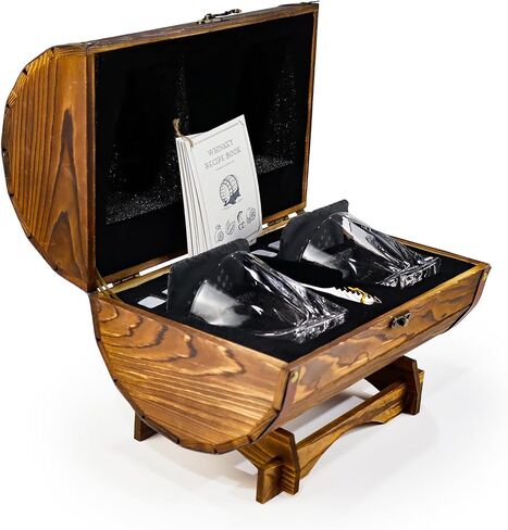 Whiskey Glasses and Stones Gift Set for Men - 2 Whisky Glasses, 8 Cooling Stones, 2 Coasters, 5 Cocktail Recipe Cards, Tongs, Handmade Wooden Barrel - Essentials Accessories for Bar in Saudi Arabia