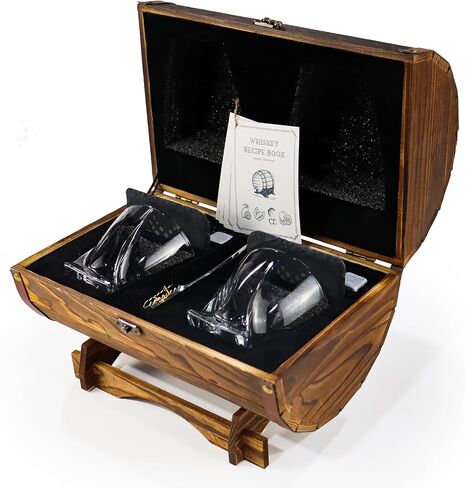 Whiskey Glasses and Stones Gift Set for Men - 2 Whisky Glasses, 8 Cooling Stones, 2 Coasters, 5 Cocktail Recipe Cards, Tongs, Handmade Wooden Barrel - Essentials Accessories for Bar in Saudi Arabia