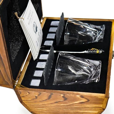 Whiskey Glasses and Stones Gift Set for Men - 2 Whisky Glasses, 8 Cooling Stones, 2 Coasters, 5 Cocktail Recipe Cards, Tongs, Handmade Wooden Barrel - Essentials Accessories for Bar in Saudi Arabia