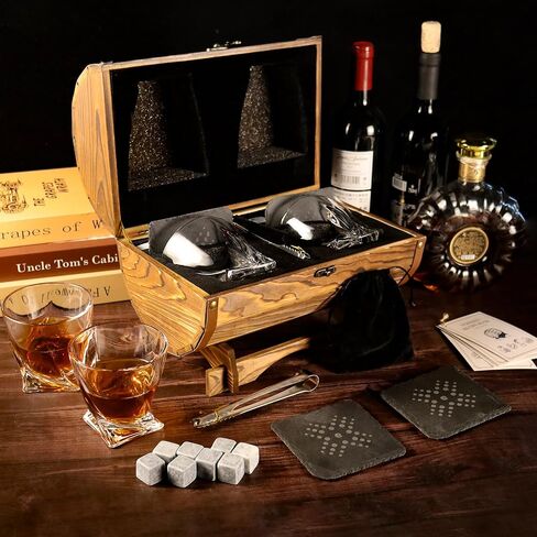 Whiskey Glasses and Stones Gift Set for Men - 2 Whisky Glasses, 8 Cooling Stones, 2 Coasters, 5 Cocktail Recipe Cards, Tongs, Handmade Wooden Barrel - Essentials Accessories for Bar in Saudi Arabia
