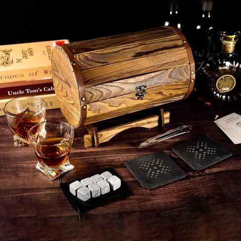 Whiskey Glasses and Stones Gift Set for Men - 2 Whisky Glasses, 8 Cooling Stones, 2 Coasters, 5 Cocktail Recipe Cards, Tongs, Handmade Wooden Barrel - Essentials Accessories for Bar in Saudi Arabia