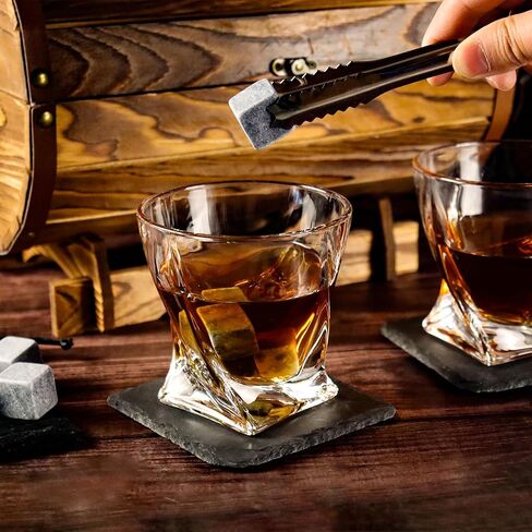 Whiskey Glasses and Stones Gift Set for Men - 2 Whisky Glasses, 8 Cooling Stones, 2 Coasters, 5 Cocktail Recipe Cards, Tongs, Handmade Wooden Barrel - Essentials Accessories for Bar in Saudi Arabia