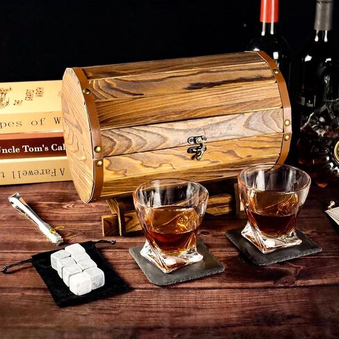 Whiskey Glasses and Stones Gift Set for Men - 2 Whisky Glasses, 8 Cooling Stones, 2 Coasters, 5 Cocktail Recipe Cards, Tongs, Handmade Wooden Barrel - Essentials Accessories for Bar in Saudi Arabia