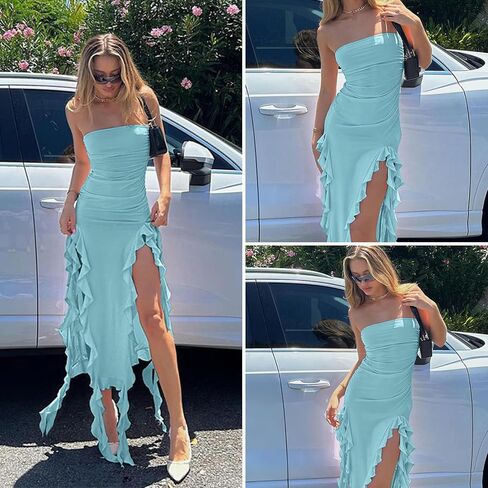 فستان نسائي صيفي بدون حمالات مكشكش ومكشكش سبليت Bodycon Midi Y2k فستان حفلات النادي in Saudi Arabia