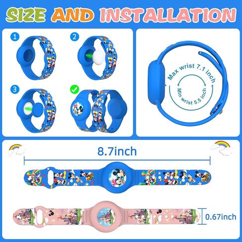 2 Pack Compatible for AirTag Bracelet Kids, Waterproof Cute Cartoon Air tag Holder with Airtag Bracelet Design, Full Coverage Anti-Lost Soft Silicone Airtag Hidden Accessories for Child (Blue&Pink) in Saudi Arabia