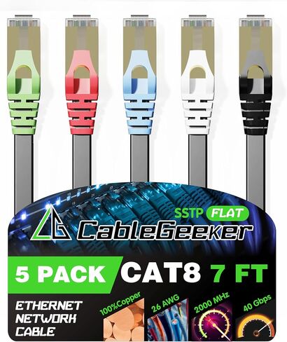 CableGeeker Cat8 Shielded Flat Ethernet Cables, 5 ft, 5-Pack, Multicolor in Saudi Arabia