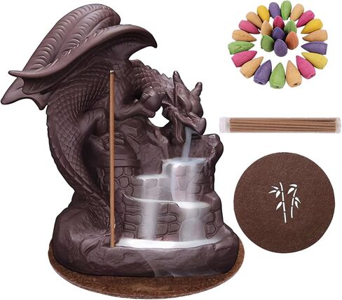 مبخرة بخور التنين ذات التدفق الخلفي، شعلات شلال البخور السيراميكية، حاملات شلال نافورة البخور، حامل عصا البخور مع 100 مخروط بخور ذو تدفق خلفي و40 عصا بخور in Kuwait