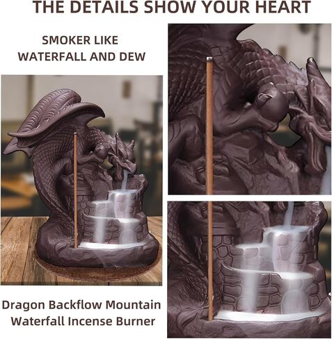 مبخرة بخور التنين ذات التدفق الخلفي، شعلات شلال البخور السيراميكية، حاملات شلال نافورة البخور، حامل عصا البخور مع 100 مخروط بخور ذو تدفق خلفي و40 عصا بخور in Kuwait