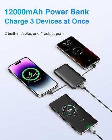 12000mAh Portable Charger IPhone Power Bank External Battery Pack 22.5W/PD20W Fast Charging With Built In LT/Type-C Cables And USB Output For IPhone15/14/13 series Samsung Android Cell Phones And More in Saudi Arabia