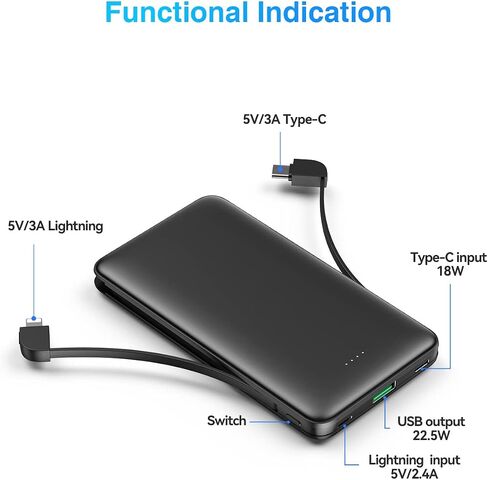 12000mAh Portable Charger IPhone Power Bank External Battery Pack 22.5W/PD20W Fast Charging With Built In LT/Type-C Cables And USB Output For IPhone15/14/13 series Samsung Android Cell Phones And More in Saudi Arabia