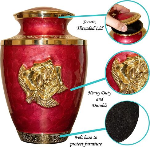 جرة حرق جنازة نحاسية كبيرة باللون الأحمر مع حقيبة مخملية، جرة جميلة مع زهرة الورد in Kuwait