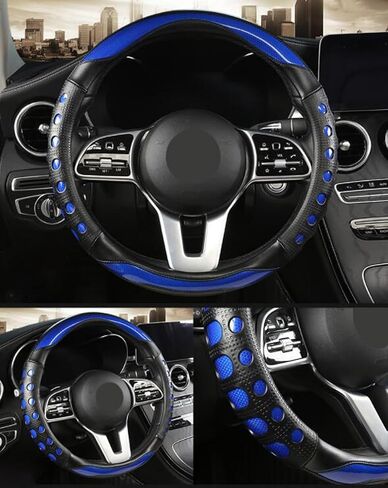 GZE Fashionable Leather Steering Wheel Cover Breathable Anti-Slip Sporty Four Seasons Universal 15 Inch Steering Wheel Cover (Blue) in Saudi Arabia