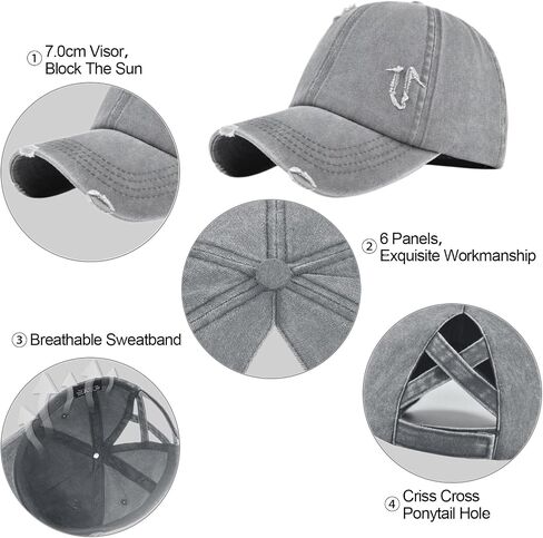 Enwokran Women Ponytail Hat Baseball Cap, Adjustable Criss Cross Buns Ponycaps High Bun Cotton Distressed Dad Trucker Hats in Saudi Arabia
