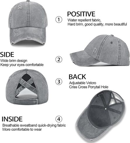 Enwokran Women Ponytail Hat Baseball Cap, Adjustable Criss Cross Buns Ponycaps High Bun Cotton Distressed Dad Trucker Hats in Saudi Arabia