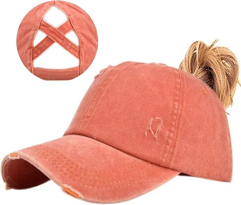 Enwokran Women Ponytail Hat Baseball Cap, Adjustable Criss Cross Buns Ponycaps High Bun Cotton Distressed Dad Trucker Hats in Saudi Arabia