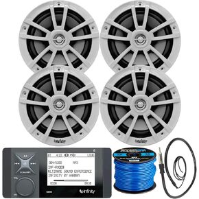 Great 16-25' Bay Boat Audio System: Bluetooth Stereo Radio Digital Media Marine Receiver Bundle Combo with 4x 6.5" 225W Peak OEM Replacement Waterproof Titanium RGB LED Speakers, Speaker Wire, Antenna
