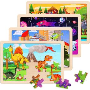 Wooden Puzzles Toys for Kids Ages 3-5, Set of 4 Packs Dinosaur, Space, Transportation Wood Toddler Puzzles, Preschool Brain Teaser Toys for Boys and Girls 2 3 4 5 6 Years Old
