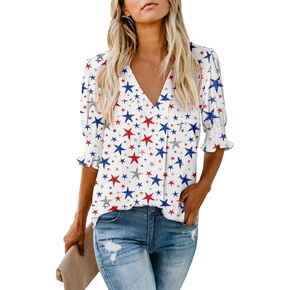 Womens Summer Ruffle Sleeve Sexy Deep V Neck Button Front Tie Blouse Tops