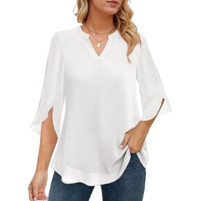 Women's 3/4 Sleeve Chiffon Blouses for Women Dressy Casual, V Neck Double Layers Chiffon Blouses 2024, Tunic Tops