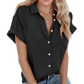 Women Short Sleeve Shirts V Neck Button Down Summer Tops Collared Work Blouses with Pockets