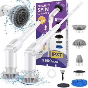 جهاز تنظيف دوار كهربائي جديد، جهاز تنظيف دوار لاسلكي قابل للحمل مع 5 رؤوس فرشاة ومقبض تمديد قابل للتعديل، فرشاة استحمام بقوة 360 درجة للحمام والحوض والبلاط والأرضية in Kuwait