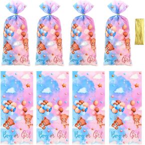 50 PCS Gender Reveal Cellophane Treat Bags,Pink Blue Boy or Girl Plastic Cello Gift Bags Bear Candy Goody Bags Baby Shower Party Favor Bags with Twist Ties for Baby Gender Reveal Party Decoration