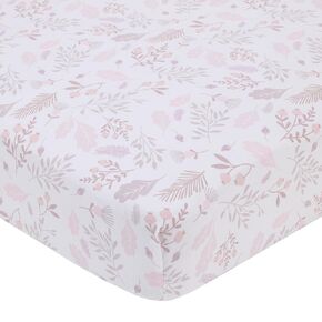 NoJo Sweet Bunny Pink, White, and Taupe Floral Leaf 100% Cotton Nursery Fitted Crib Sheet