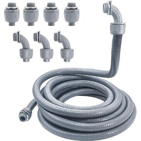 Liquid-Tight Conduit - 3/4inch 25 Foot Flexible Non Metallic Liquid Tight Electrical Conduit Kit, with 4 Straight and 3 Angle Fittings Included. 3/4" Dia