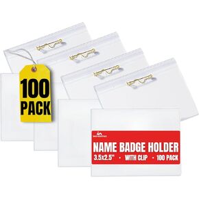 حامل شارة الاسم 1InTheOffice أفقيًا، حامل بطاقة الهوية مع دبوس 2-1/4 بوصة × 3-1/2 بوصة، 100 لكل صندوق