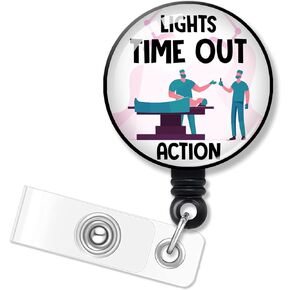 Lights Time Out Action Retractable Badge Holder with Alligator Clip for Nurses Doctor Surgeon Operating Room Anesthesiologist Surgical Assistant, Funny ID Card Badge Reel Gift