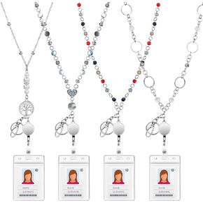 Pangda 4 Sets Badge Necklaces with ID Holders Beaded ID Necklaces Retractable Lanyards for Women Stainless Steel Badge Lanyards,Multicolor,Medium