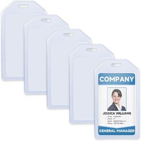 Teskyer Heave Duty Clear Plastic ID Badge Holder, Silicone Made Extra Thick Name Tag ID Card Holders, Fit Standard Size Credit Cards Work ID School ID, Vertical, 5 Pack