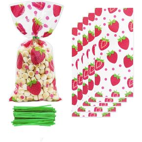 UY 50Pieces Strawberries Cellophane Bags Strawberry Goodie Bags Plastic Clear Goody Candy Gift Treat Bags Snack Bags for Kids Boys Girls Baby Shower Birthday Party Decoration Supplies
