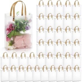 40 Pieces Clear Gift Bags with Handles, White Frosted PVC Candy Bags Halloween Christmas, Reusable Translucent Wrap Tote Boutique Bags for Wedding Shopping Party 8''x3''x10'', Tear Resistant