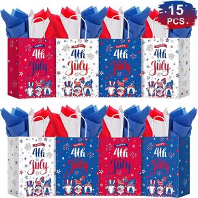 15Pcs Memorial Day Decorations,4th of July Patriotic Gift Bags with Handles Red White Blue Tissue Paper Party Favors Goodie Bags for Patriotic Memorial Day Independence Veterans Day Party Supplies