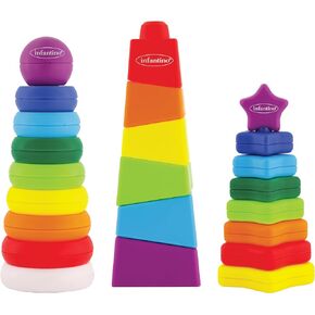 Infantino Tower Stackers Playset, Multicolor Rainbow-Themed Stacking Towers for Babies 12M+, 3-Style Set, Rings, Squares & Stars, 23 Pieces