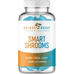 Smart Shrooms Mushroom Supplement - Vegan, Non-GMO, Gluten-Free Stress Relief Supplement - 1000mg Blue Raspberry 30 Mushroom Gummies with Rhodiola Rosea, Lion's Mane, Turkey Tail Extract