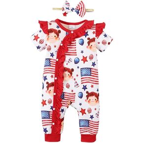 4th of July Baby Girl Outfits Newborn Jumpsuit Short Sleeve Romper American Flag Onesie Cute Cotton Overalls