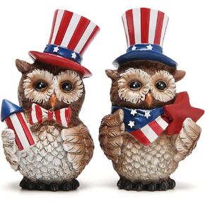 Hodao 2PCS Owl Figurines for Home Decor Accent Patriotic Owl Decorations 4th of July Decorations Memorial Day Decorations