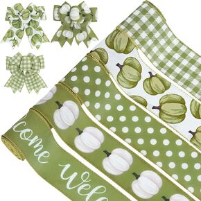 Whaline Fall Green Pumpkin Wired Edge Ribbon 30 Yards Farmhouse Rustic Autumn Thanksgiving Harvest Fabric Ribbon Welcome Plaids Polka Dots Craft Ribbon for Wreath Floral Bow DIY Crafts, 5 Roll
